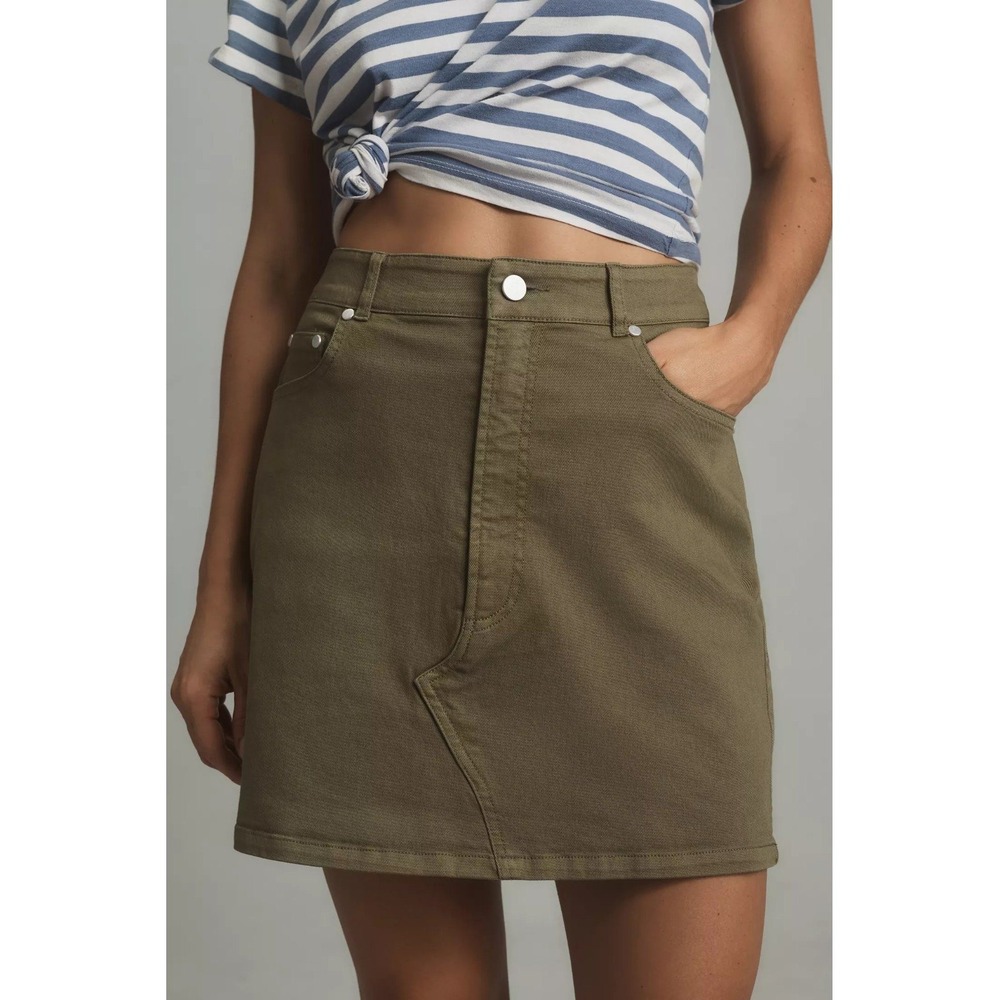 Pilcro Anthropologie Olive Green Denim Mini Skirt High Rise Utility Gorpcore 2